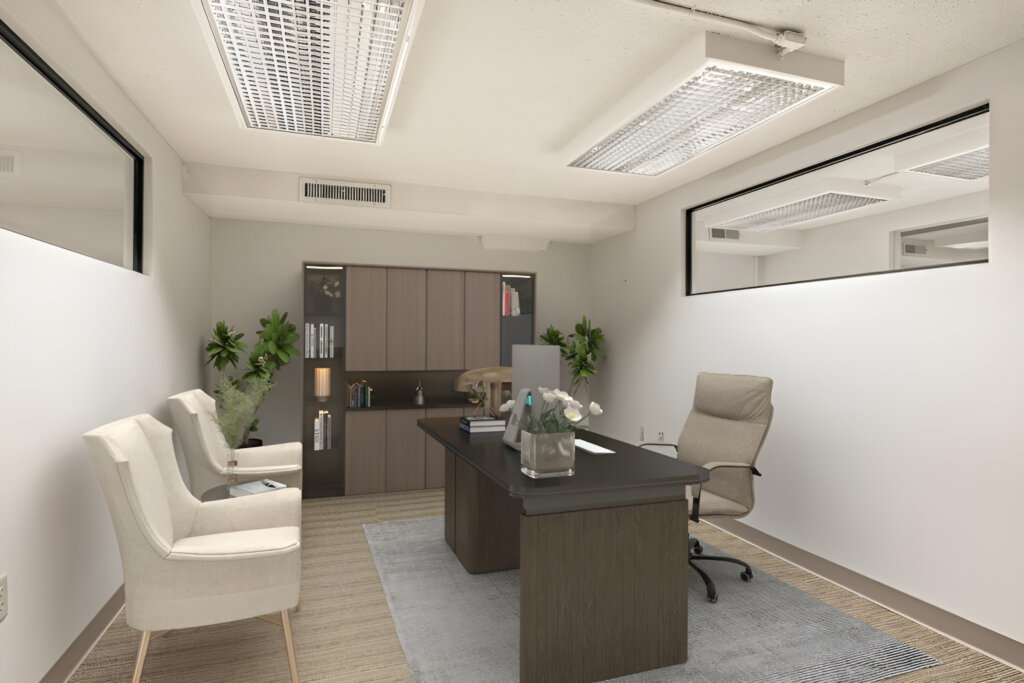 Small private office space with desk, storage, and seating