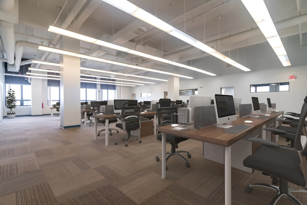 Large open office area with desks